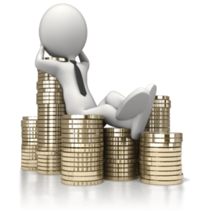 figur som vilar på staplar med mynt